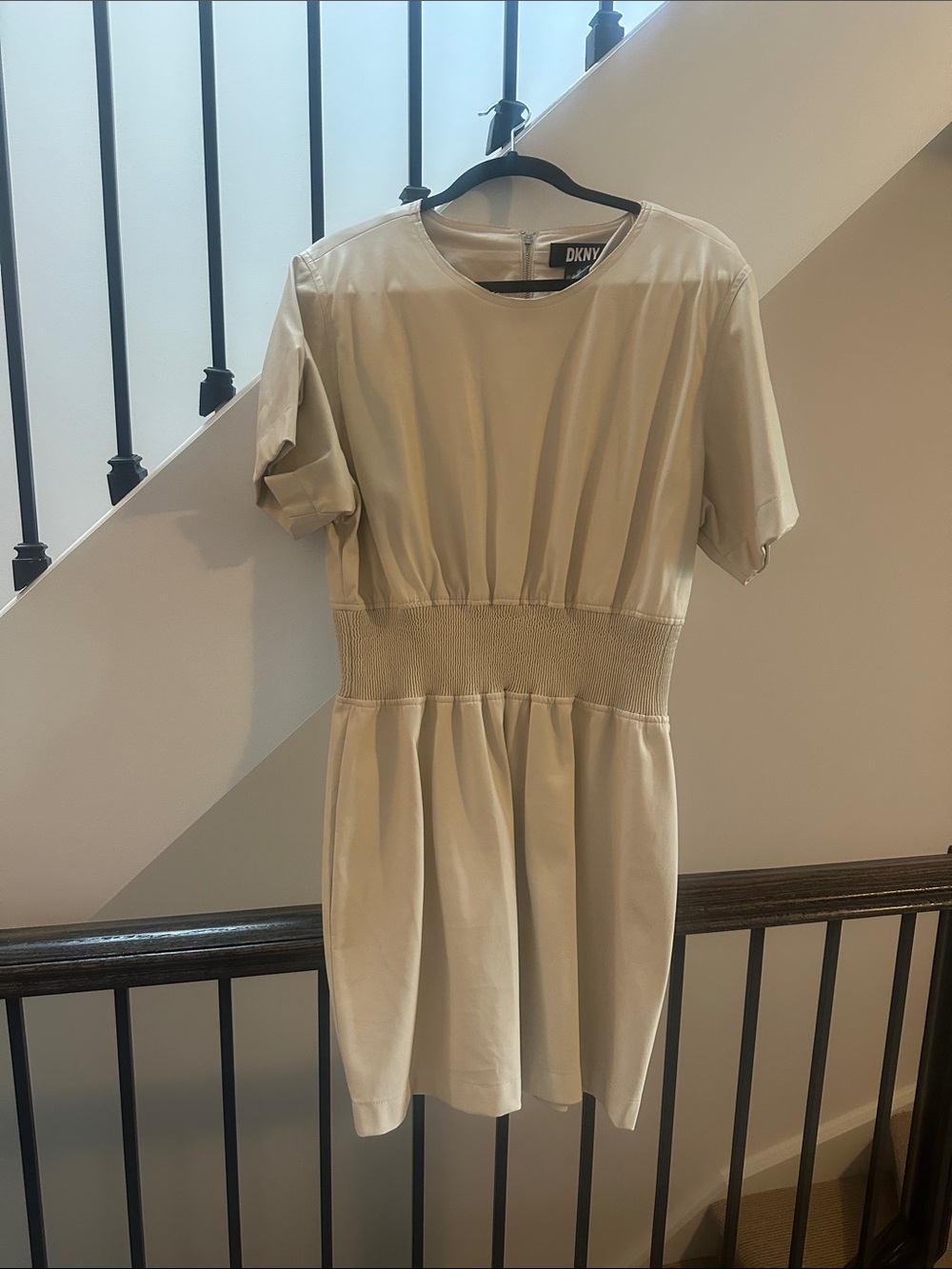 DKNY Cream Short-Sleeve Smocked-Waist Mini Dress